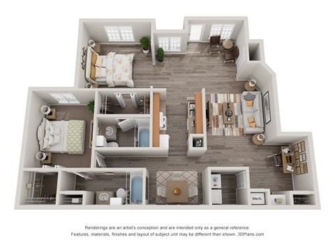A 3D floor plan of a house with labeled rooms.